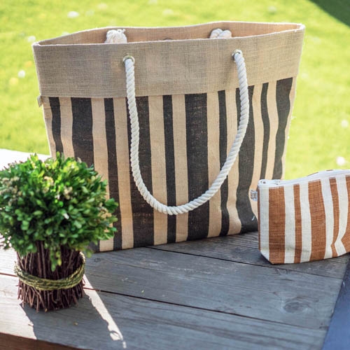 $29.95 - Jute Tote: Stripes w/ Cotton Cable Loop Handles - BG-JTT105@StrawGoGo.com - Your Straw Bags and Hats | Bags and Accessories Store.
