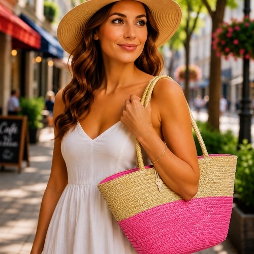 ON SALE! @ $34.95 - Straw Tote: Woven Wheat Straw Tote - 2 Tones - Pink - BG-R11053PK @ StrawGoGo.com - Your Straw Bags and Hats Store.