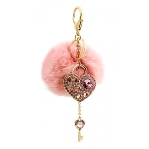 Fur Pom Pom Key Chain w/ Rhinestone Accent Heart Charm @Fashion-bag.com