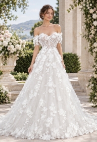 A-Line 3-D Flower Lace Wedding Dress with Bustier Bodice - LV-A1004DS - Charlina Bridal | Custom Wedding Dresses | - Bridal Gowns