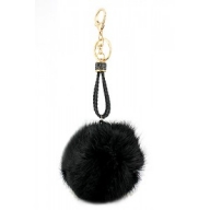 $14.99 Fur Pom Pom Key Chain w/ Rhinestone Accent Braided String - Black @Fashion-bag.com - Key Chains