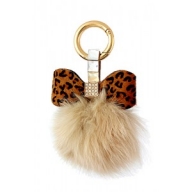 $14.99 Fur Pom Pom Key Chain w/ Rhinestone Accent Leopard Print Bow - Toupe @Fashion-bag.com - Key Chains