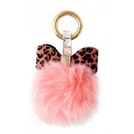 $14.99 Fur Pom Pom Key Chain w/ Rhinestone Accent Leopard Print Bow - Pink @Fashion-bag.com - Key Chains