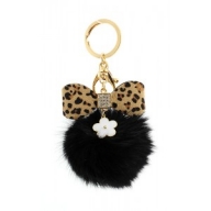 Key Chain - Fox Fur Pom Pom w/ Leopard Print Bow - Black @Fashion-bag.com - Key Chains