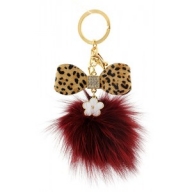 Key Chain - Fox Fur Pom Pom w/ Leopard Print Bow - Burgundy @Fashion-bag.com - Key Chains