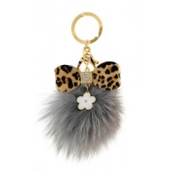 Key Chain - Fox Fur Pom Pom w/ Leopard Print Bow - Gray @Fashion-bag.com - Key Chains