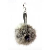 Key Chain - Rabbit Fur Pom Pom w/ Metal Disc - Gray @Fashion-bag.com - Key Chains