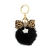 Key Chain - Fox Fur Pom Pom w/ Leopard Print Bow - Black @Fashion-bag.com