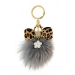 Key Chain - Fox Fur Pom Pom w/ Leopard Print Bow - Gray @Fashion-bag.com